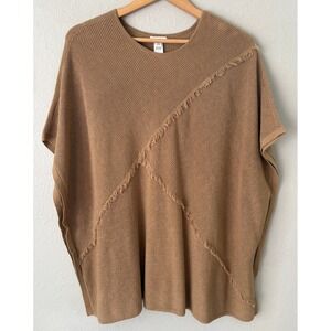 J. Jill Womens Fringe Knit Poncho Sweater One Size Camel Brown Yak Hair Blend
